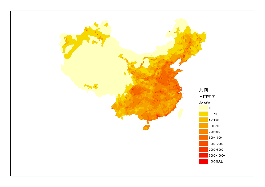 中国県別人口密度地図